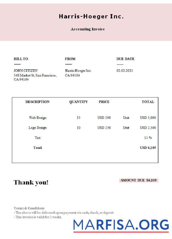 Blank USA Harris Hoeger Inc. invoice template